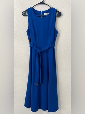 Calvin Klein Royal Blue Sleeveless Midi Dress with Tie Belt